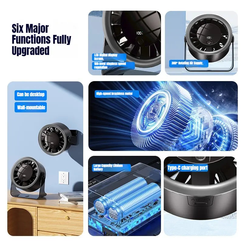 Portable Desk Fan USB Rechargeable Cooling Desktop Fan Multi-Functional Wall Mounted Air Circulator Fan 4 Speed Strong Wind Quiet Personal Table Fan for Home Office Bedroom College Dorm Room Essentials Summer Must Have Travel Camping Twilight Purple