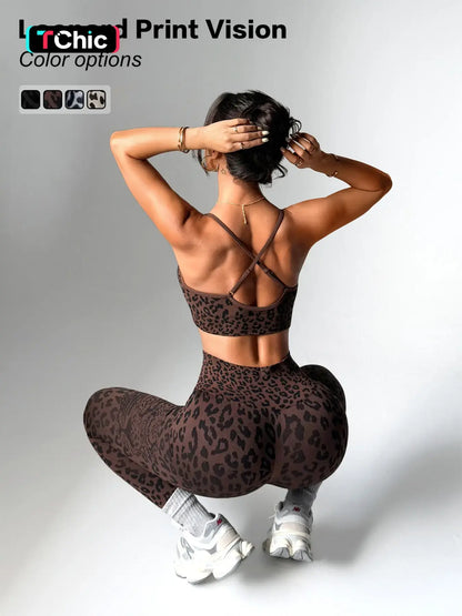 Women'S Spring Summer Leopard Print Two-Piece Set, Adjustable Straps Backless Top + High Waist Slim Fit Pants, Moisture Wicking Yoga Fitness, High Stretch Activewear