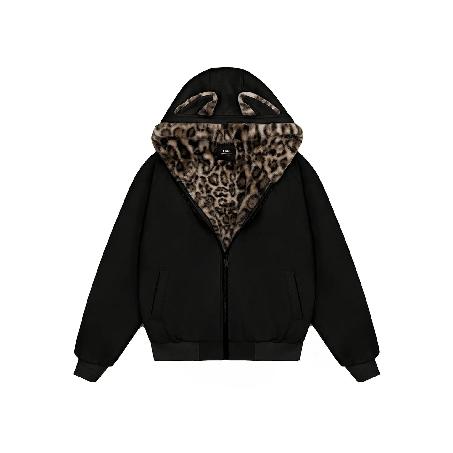 FDR Oversized Faux Suede Cozy Jacket with Cat Ears & Leopard Print Soft Warm Faux Fur Lining Unisex Womenswear Sweatshirts Fall Fashion Coat Winter Outfits