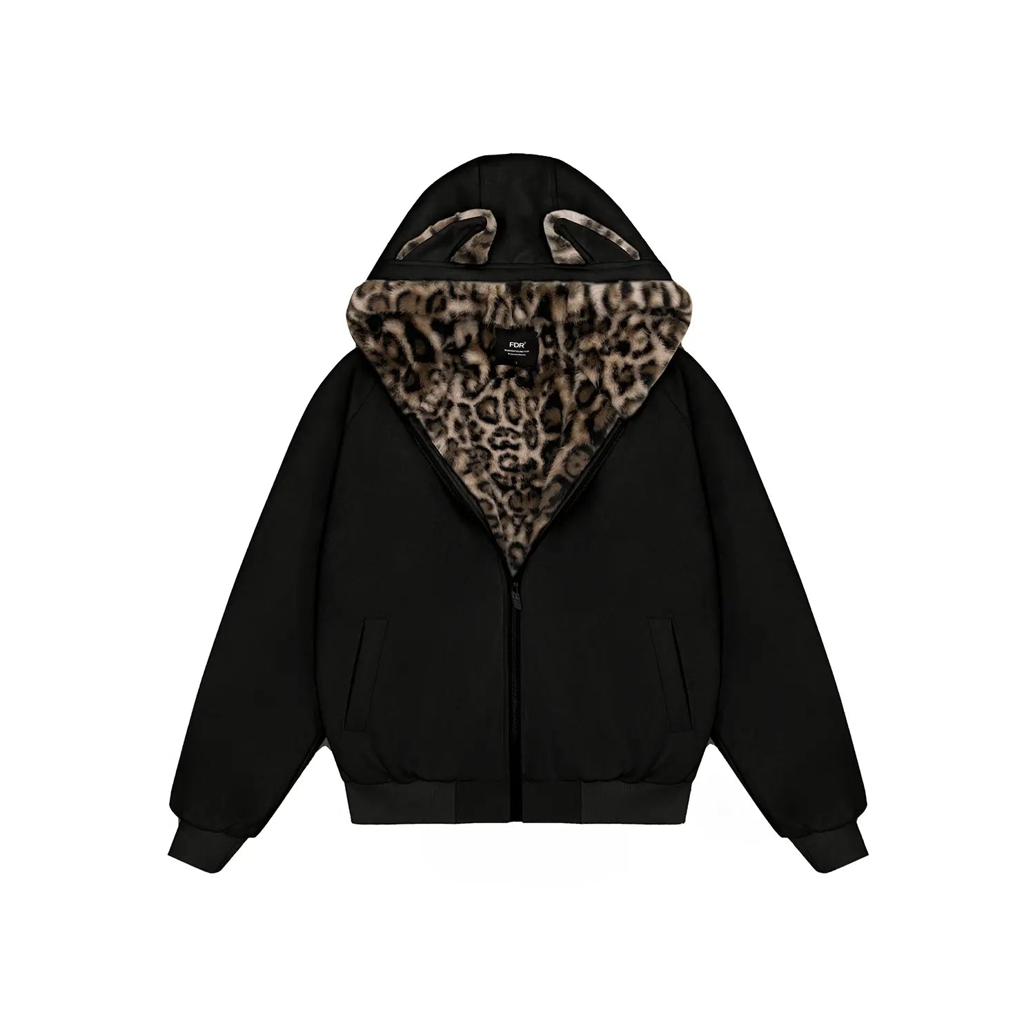 FDR Oversized Faux Suede Cozy Jacket with Cat Ears & Leopard Print Soft Warm Faux Fur Lining Unisex Womenswear Sweatshirts Fall Fashion Coat Winter Outfits