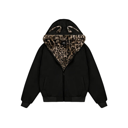 FDR Oversized Faux Suede Cozy Jacket with Cat Ears & Leopard Print Soft Warm Faux Fur Lining Unisex Womenswear Sweatshirts Fall Fashion Coat Winter Outfits