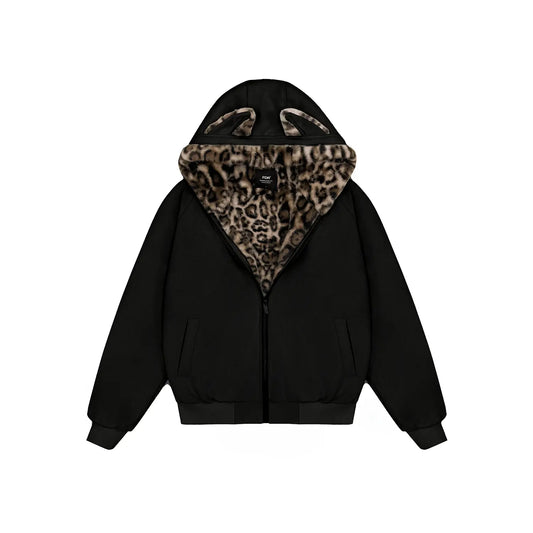 FDR Oversized Faux Suede Cozy Jacket with Cat Ears & Leopard Print Soft Warm Faux Fur Lining Unisex Womenswear Sweatshirts Fall Fashion Coat Winter Outfits