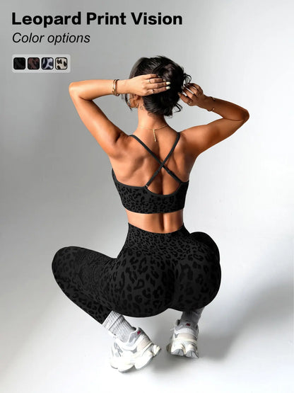 Women'S Spring Summer Leopard Print Two-Piece Set, Adjustable Straps Backless Top + High Waist Slim Fit Pants, Moisture Wicking Yoga Fitness, High Stretch Activewear