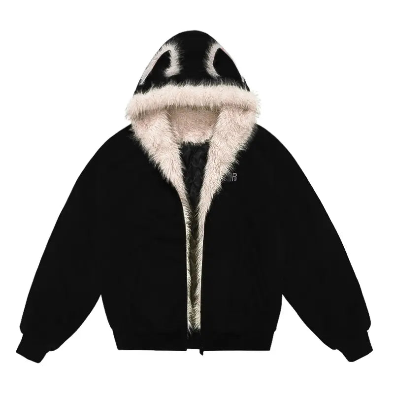 FDR Oversized Faux Suede Cozy Jacket with Cat Ears & Leopard Print Soft Warm Faux Fur Lining Unisex Womenswear Sweatshirts Fall Fashion Coat Winter Outfits