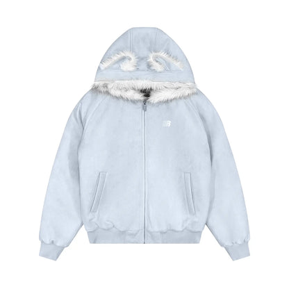 FDR Oversized Faux Suede Cozy Jacket with Cat Ears & Leopard Print Soft Warm Faux Fur Lining Unisex Womenswear Sweatshirts Fall Fashion Coat Winter Outfits