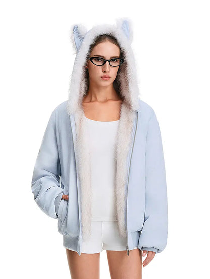 FDR Oversized Faux Suede Cozy Jacket with Cat Ears & Leopard Print Soft Warm Faux Fur Lining Unisex Womenswear Sweatshirts Fall Fashion Coat Winter Outfits