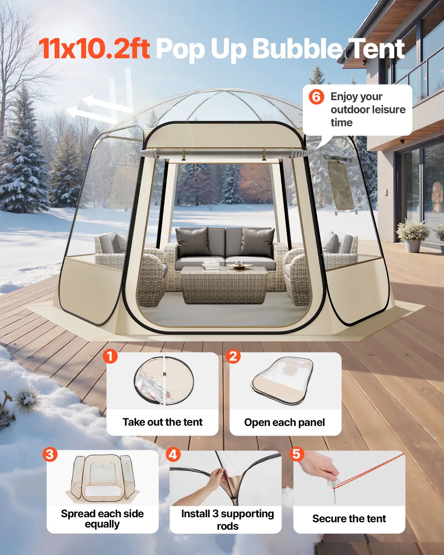 【Summerfinds】Vevor Pop up Bubble Tent, 11 X 10.2 Ft Waterproof & Uv-Resistant, Clear Camping Tent Shelter, Outdoor Garden Dome Igloo Tents with Windows, 540° Panoramic View, for 8-10 Persons Patio Backyard