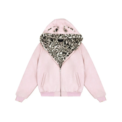 FDR Oversized Faux Suede Cozy Jacket with Cat Ears & Leopard Print Soft Warm Faux Fur Lining Unisex Womenswear Sweatshirts Fall Fashion Coat Winter Outfits