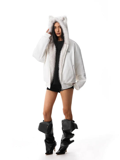 FDR Oversized Faux Suede Cozy Jacket with Cat Ears & Leopard Print Soft Warm Faux Fur Lining Unisex Womenswear Sweatshirts Fall Fashion Coat Winter Outfits