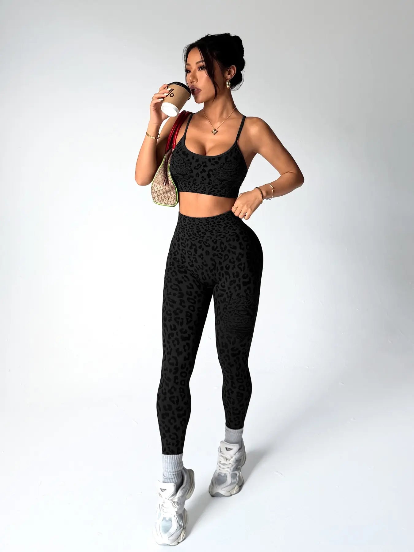 Women'S Spring Summer Leopard Print Two-Piece Set, Adjustable Straps Backless Top + High Waist Slim Fit Pants, Moisture Wicking Yoga Fitness, High Stretch Activewear
