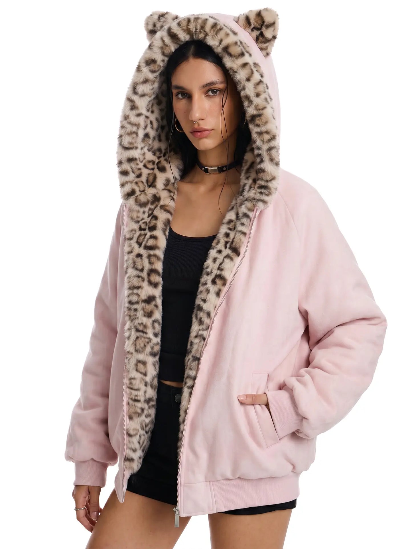 FDR Oversized Faux Suede Cozy Jacket with Cat Ears & Leopard Print Soft Warm Faux Fur Lining Unisex Womenswear Sweatshirts Fall Fashion Coat Winter Outfits