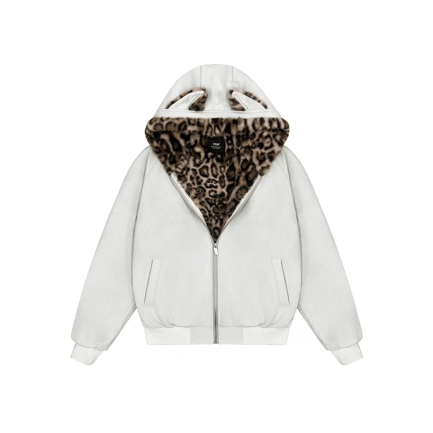 FDR Oversized Faux Suede Cozy Jacket with Cat Ears & Leopard Print Soft Warm Faux Fur Lining Unisex Womenswear Sweatshirts Fall Fashion Coat Winter Outfits