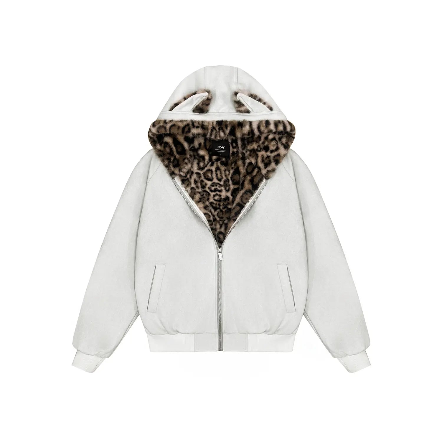 FDR Oversized Faux Suede Cozy Jacket with Cat Ears & Leopard Print Soft Warm Faux Fur Lining Unisex Womenswear Sweatshirts Fall Fashion Coat Winter Outfits