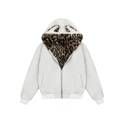 FDR Oversized Faux Suede Cozy Jacket with Cat Ears & Leopard Print Soft Warm Faux Fur Lining Unisex Womenswear Sweatshirts Fall Fashion Coat Winter Outfits