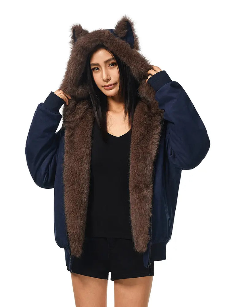 FDR Oversized Faux Suede Cozy Jacket with Cat Ears & Leopard Print Soft Warm Faux Fur Lining Unisex Womenswear Sweatshirts Fall Fashion Coat Winter Outfits