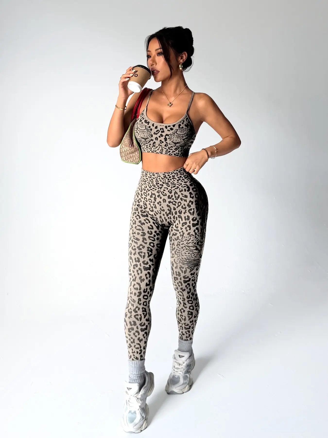 Women'S Spring Summer Leopard Print Two-Piece Set, Adjustable Straps Backless Top + High Waist Slim Fit Pants, Moisture Wicking Yoga Fitness, High Stretch Activewear
