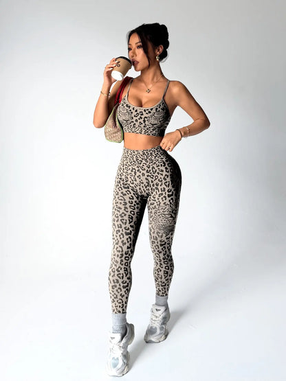 Women'S Spring Summer Leopard Print Two-Piece Set, Adjustable Straps Backless Top + High Waist Slim Fit Pants, Moisture Wicking Yoga Fitness, High Stretch Activewear