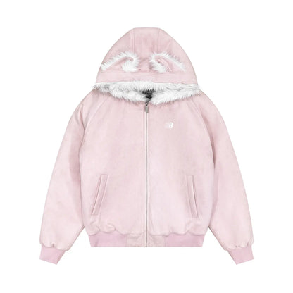 FDR Oversized Faux Suede Cozy Jacket with Cat Ears & Leopard Print Soft Warm Faux Fur Lining Unisex Womenswear Sweatshirts Fall Fashion Coat Winter Outfits