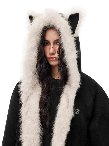 FDR Oversized Faux Suede Cozy Jacket with Cat Ears & Leopard Print Soft Warm Faux Fur Lining Unisex Womenswear Sweatshirts Fall Fashion Coat Winter Outfits
