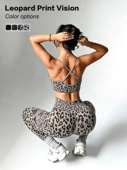 Women'S Spring Summer Leopard Print Two-Piece Set, Adjustable Straps Backless Top + High Waist Slim Fit Pants, Moisture Wicking Yoga Fitness, High Stretch Activewear