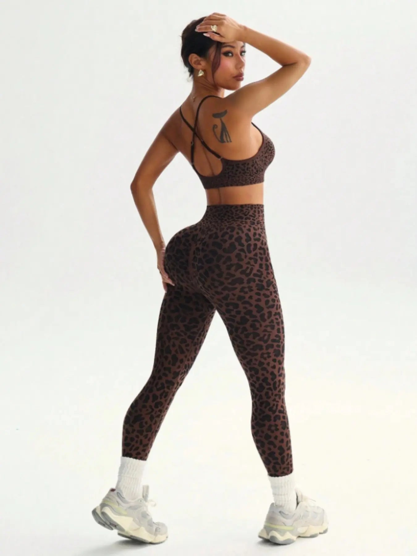 Women'S Spring Summer Leopard Print Two-Piece Set, Adjustable Straps Backless Top + High Waist Slim Fit Pants, Moisture Wicking Yoga Fitness, High Stretch Activewear